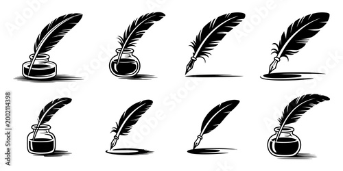 Schilderij op canvas Quill pen icons, inkwell illustrations, 7 black and white graphics, calligraphy