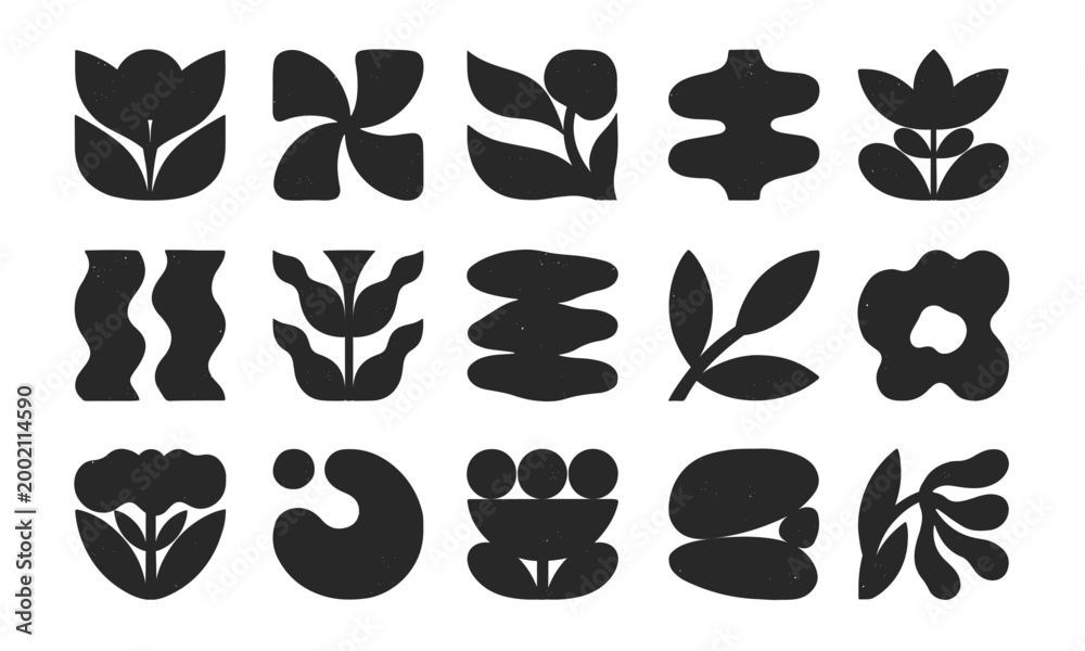 Obraz premium Monochrome botanical forms,modular floral elements and organic shapes.Bold nature silhouettes with subtle grungy texture.Black and white flowers,leaves,abstract plant motifs for logos,branding,prints