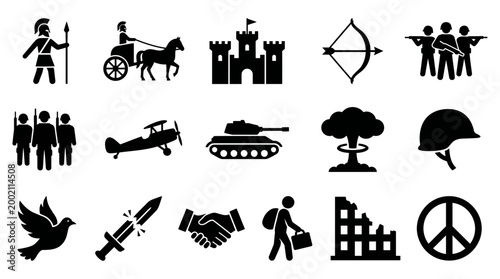 Collection of vector graphic illustrations depicting historical military elements, conflict symbols, and peace iconography representing various themes