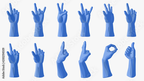 collection of blue 3d rendered hands making various hand gestures on white background