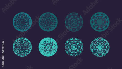 Wireframe sphere progression abstract geometric shapes in teal and dark blue
