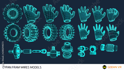 cyan wireframe hands and mechanical parts collection 3d render illustration