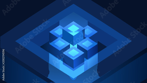 glowing blue cubes in a stacked geometric arrangement 3d render