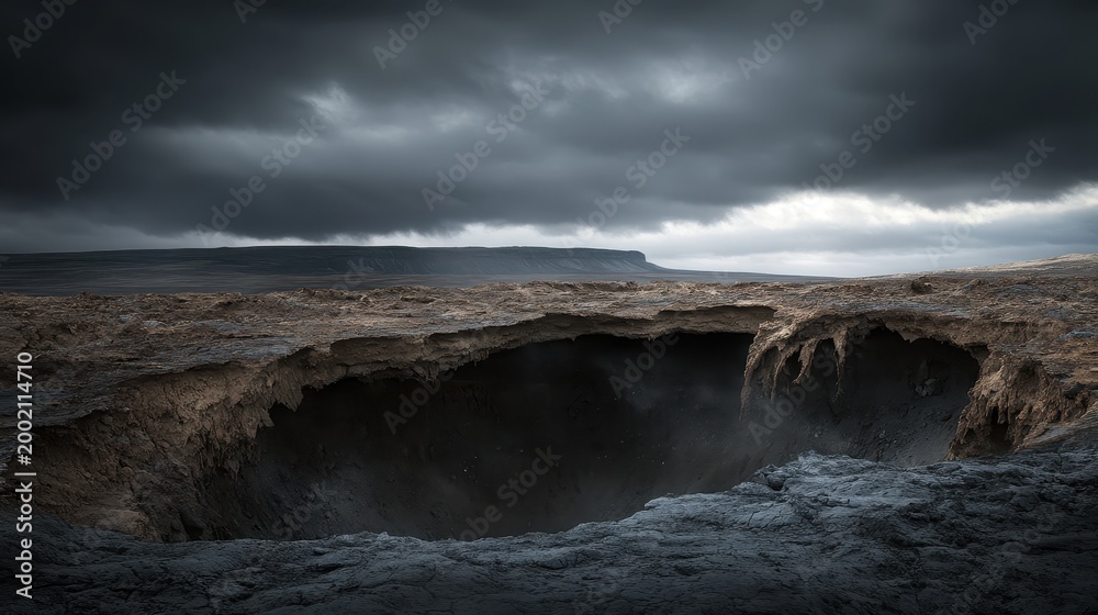 Fototapeta premium Dramatic eroded soil and barren landscape with deep chasm under overcast sky