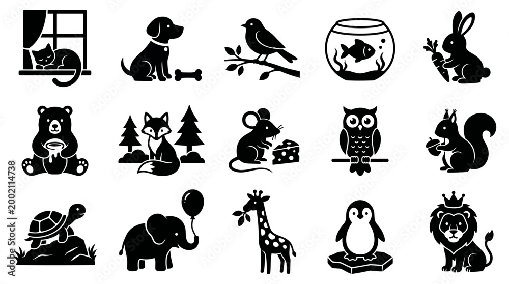 Fototapeta premium Simple black vector graphic set showcasing various cute animals including mammals birds and reptiles designed for creative projects requiring high quality icon elements