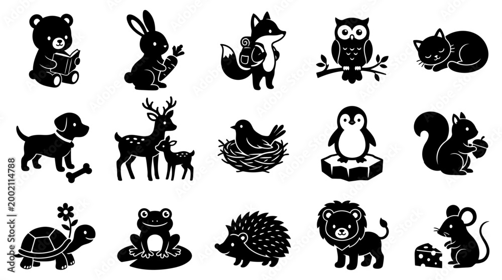 Fototapeta premium charming black and white vector graphic illustration collection featuring adorable forest and woodland animal characters in various poses and activities