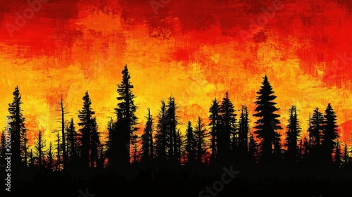 Dramatic forest silhouette against a fiery abstract sky at dusk