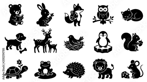 charming black and white vector graphic illustration collection featuring adorable forest and woodland animal characters in various poses and activities