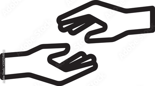 Hand icons, giving and receiving hands, black line art, vector handshake