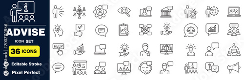 Advise icon set consulting, business strategy, training, and support line icons