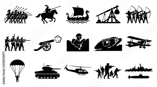 Black and white vector illustration set featuring various historical and modern military icons representing warfare through different eras of human combat and technology