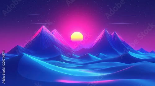 Iconic Mountains Illuminated by a Vibrant Neon Sunset Sky in a Surreal Digital Landscape