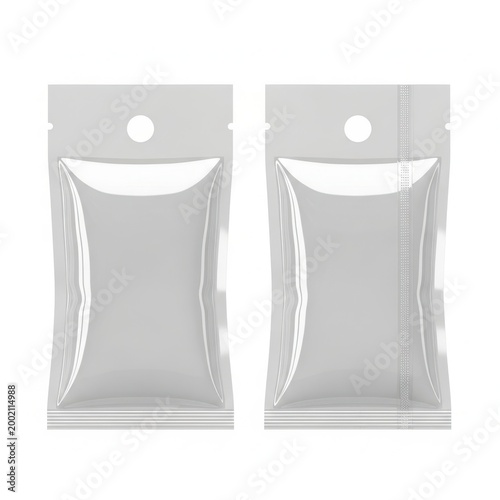 Two silver foil pouches with a circular hole at the top on a white background.