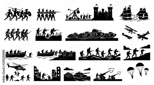 This comprehensive vector illustration graphic showcases diverse military units, vehicles, and battle scenes representing the historical evolution of warfare over time.