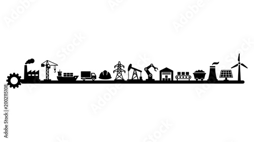 Comprehensive vector illustration showcasing interconnected industrial production, energy generation, logistics, and supply chain elements within a modern economic landscape design.