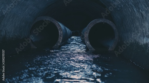 Industrial wastewater leaking from concrete pipes into a murky river, wide angle environmental pollution scene
