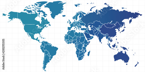 World map illustration with blue continents and white background political boundaries