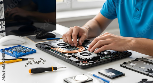 professional laptop repair service technician | laptop hardware upgrade and maintenance | computer technician fixing broken laptop motherboard | electronic device diagnostic and repair workstation