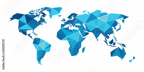 Polygonal world map illustration in shades of blue on a white background