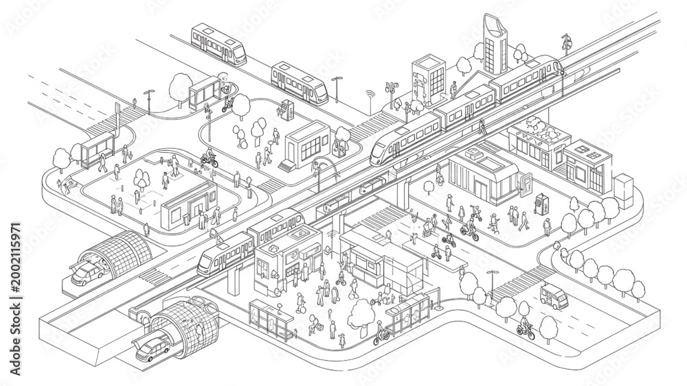 Fototapeta premium Isometric Smart City Transportation Infrastructure System – Pedestrian Crossings and Mobility Network CAD Blueprint Illustration