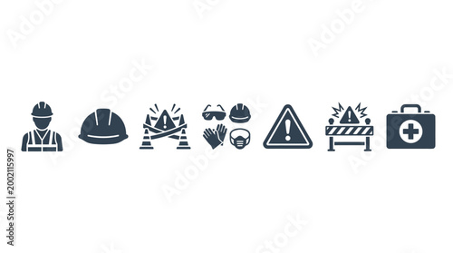 Construction Safety Icons: Hard Hat, Warning Signs, PPE, First Aid Kit