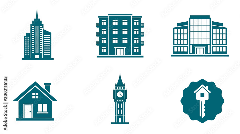 Obraz premium Modern Cityscape Buildings and Houses Icons Set