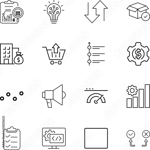 business marketing analytics development e-commerce icons set, clipboard, lightbulb, arrows, box, building, shopping cart, list, gear