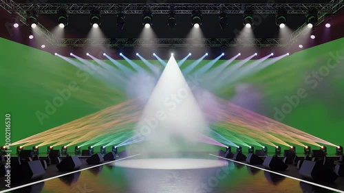 A vibrant stage setup features a bright spotlight illuminating a green screen backdrop, surrounded by colorful stage lighting and audio equipment, creating a dynamic and versatile environment.