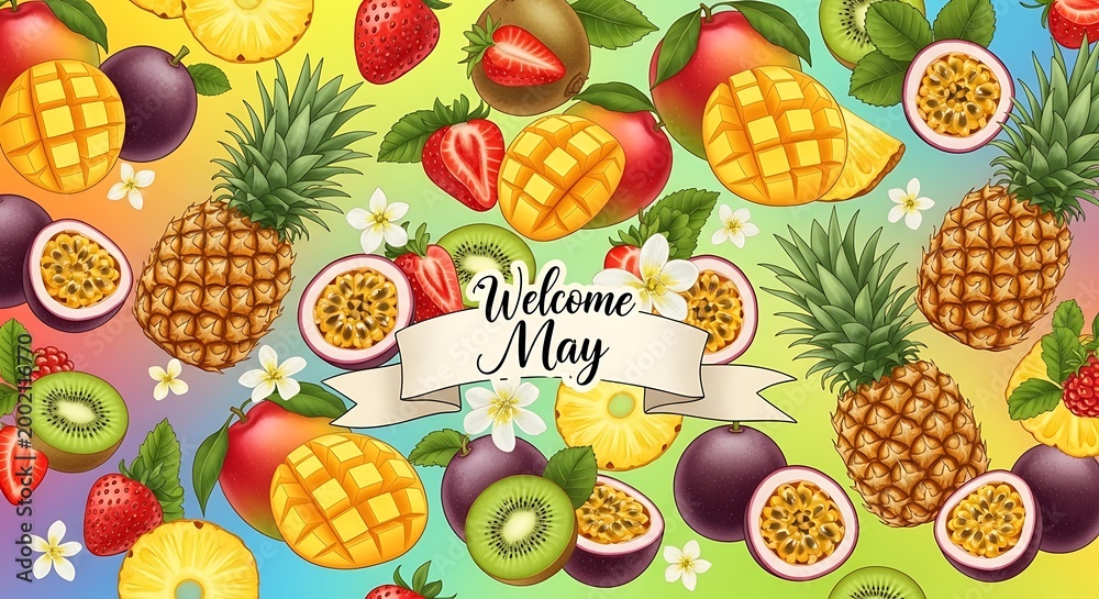 tropical fruit welcome sign with fresh pineapples mangoes kiwis and passionfruit on vibrant background