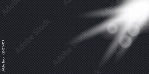 Realistic white lens flare with sunlight beams. Isolated vector illustration of bright light rays and soft bokeh circles on dark transparent background for creative overlay effects.