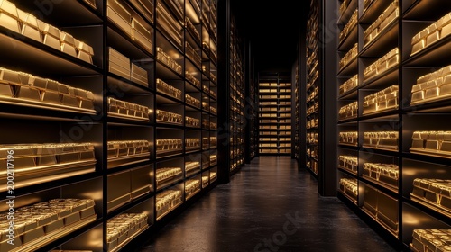 Immaculate rows of gleaming gold bars stored securely within a high-contrast bank vault, illuminated by dramatic lighting.