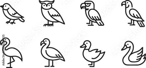 Set of simple black line icons of various birds