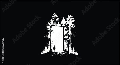 Doorway standing in a forest represents a path toward new personal opportunities.