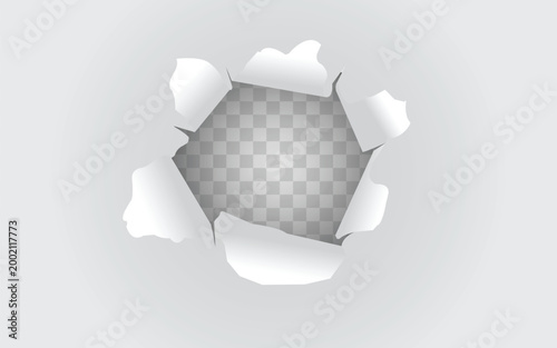 Realistic torn hole in white paper. Isolated vector illustration of a ripped circular opening with rough edges on transparent background for creative frame and reveal designs.