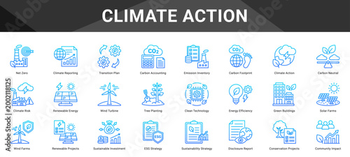 CLIMATE ACTION  Icon set collection. Vector icon pack featuring thematic icons for your presentations or business.