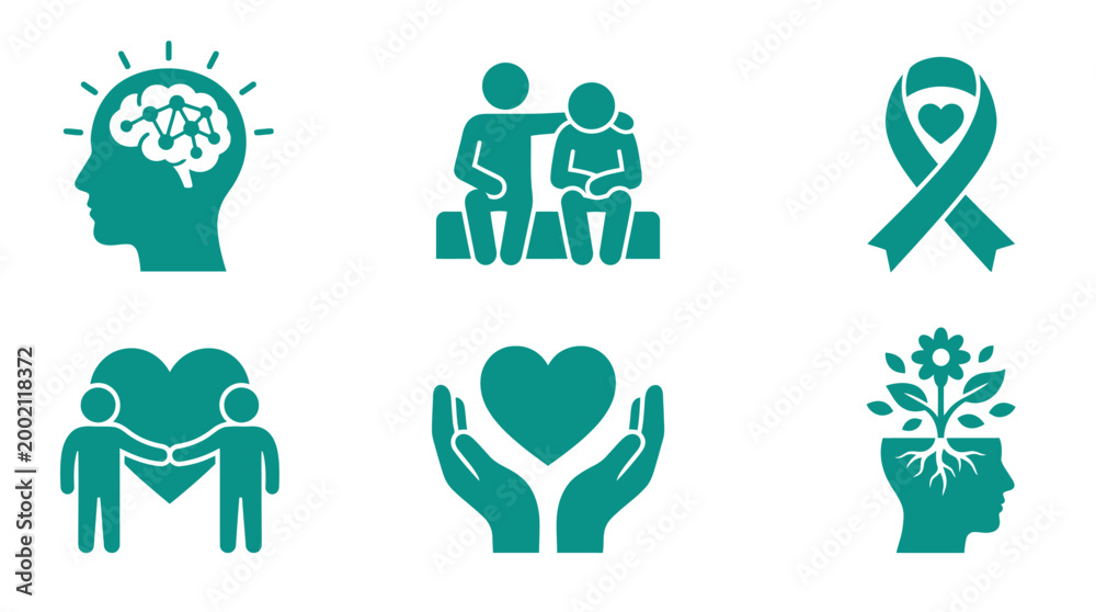 Fototapeta premium Mental Health Awareness Icons: Brain, Support, Ribbon, Heart, Care, Growth