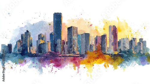 Vibrant Watercolor Cityscape Silhouette with Abstract Splashes.