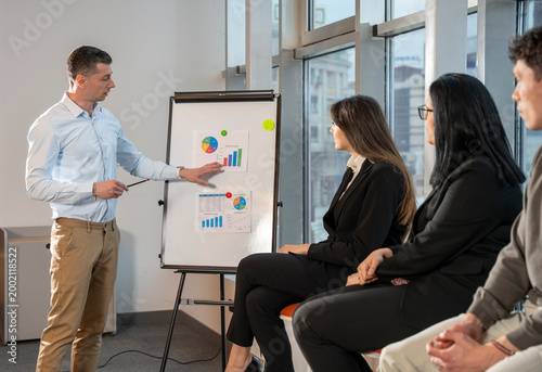 A presenter explains charts on a flip chart to a seated team in a modern office. Training, strategy, and professional communication define the image.