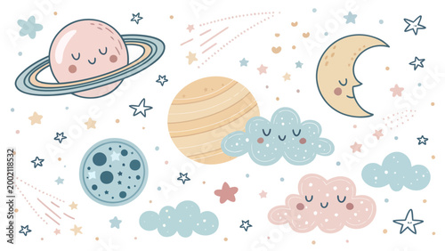 Cute space illustration set with planets, moon, stars and clouds hand drawn celestial elements for nursery decor, kids room, baby shower, scrapbooking