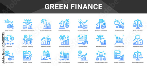GREEN FINANCE  Icon set collection. Vector icon pack featuring thematic icons for your presentations or business.