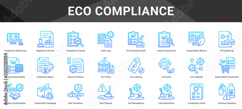 ECO COMPLIANCE  Icon set collection. Vector icon pack featuring thematic icons for your presentations or business.