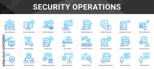 SECURITY OPERATIONS  Icon set collection. Vector icon pack featuring thematic icons for your presentations or business.