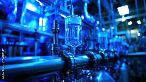 Modern industrial chemical processing equipment with bright blue lighting in a laboratory setting