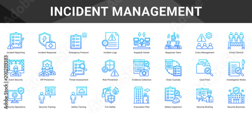 INCIDENT MANAGEMENT  Icon set collection. Vector icon pack featuring thematic icons for your presentations or business.