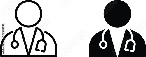 Doctor avatar icon set featuring medical practitioner with stethoscope in thin line and solid black silhouette glyph styles