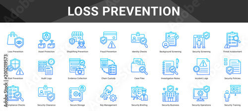 LOSS PREVENTION  Icon set collection. Vector icon pack featuring thematic icons for your presentations or business.