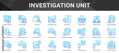 INVESTIGATION UNIT  Icon set collection. Vector icon pack featuring thematic icons for your presentations or business.