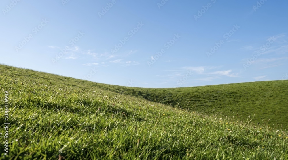 Obraz premium Rolling green grassy hills under a clear blue summer sky