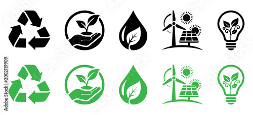 Eco sustainability icons set featuring recycle, leaf, water drop, solar, wind, energy, bulb, green, renewable, nature symbols for environmental branding, clean energy apps, web, ui, packaging.