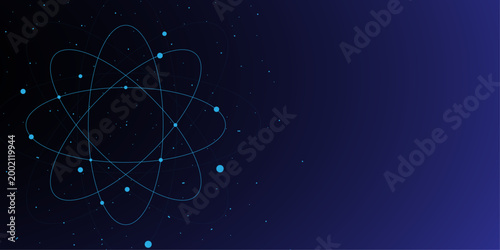 Futuristic atom model vector on dark blue background, glowing science molecule icon with orbital paths, high tech physics and chemistry concept